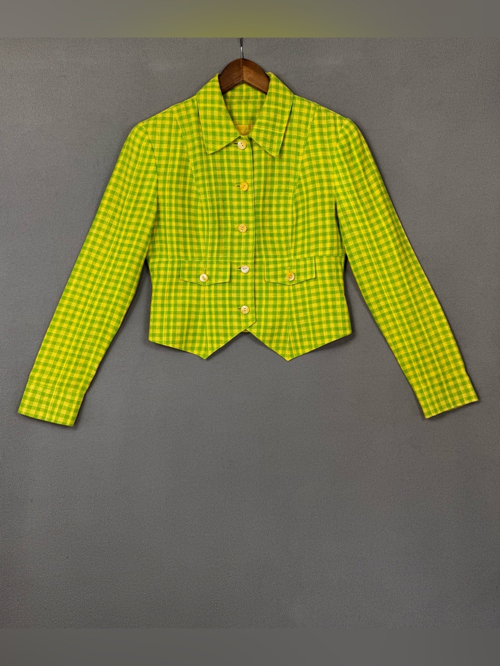 Vintage 90’s Dana Buchman Linen Lime Green + Yellow Gingham Blazer Jacket, 4